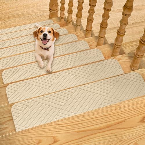 Aenithsy Stair Treads Non Slip Indoor, 15 Pack 76x20cm Stair Runners for Wooden Steps with Reusable Adhesive, Washable Stair Carpet Mats for Elders, Kids and Pets, Beige