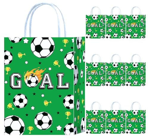 Lot de 10 sacs de fête de football en papier avec anse - Vert - Sacs cadeaux de football - Sacs cadeaux d'anniversaire - Sacs cadeaux de football - Sacs cadeaux en papier pour les invités