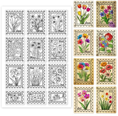 GOMAKERER 1 Blatt Silikonstempel, Blumenstempelmuster Transparenter Stempel 12 Monat Blumenstempel Aus Gummi Transparente Für DIY Papierbasteln Scrapbooking Kartenherstellung, 16x11cm