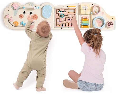 ROBUD Montessori Motorikbräda trä – 11-i-1 Busy Board väggleksak för barn från 18 månader, Montessori leksak baby motorikbräda med xylofon, trumma, spegel och vriddelar, gräddvit