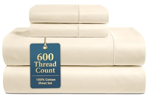 LANE LINEN Bed Sheets Queen Size – Premium 600 Thread Count Long-Staple 100% Cotton Sheets Queen Size Set, Hotel Luxury Soft & Cool Sateen Finish, Fully Elasticized 15 Deep Pocket – Ivory