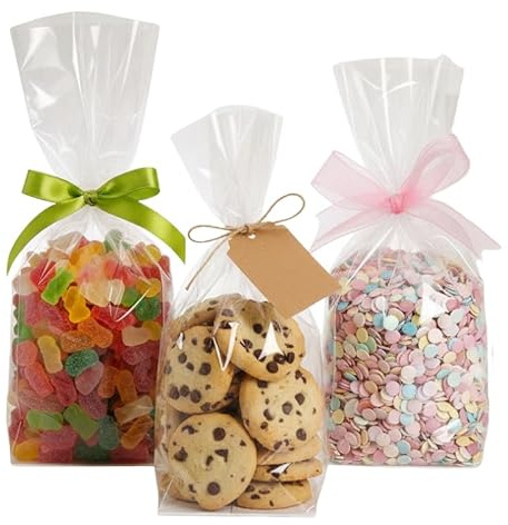 Buste Trasparenti con Fondo Quadro Bianco - 100 Sacchetti Per Alimenti 6+5x20 cm - Biscotti, Confetti e Caramelle - Per Feste ed Eventi - RFD