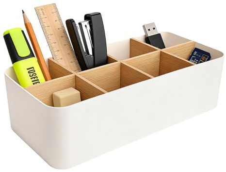 XRVRILE Organisateur de Bureau avec 8 Compartiments, Organisateur en Bambou et ABS, Boîte de Rangement Bureau modulable, Porte Stylo Organisateur Maquillage multifonction pour maison et salle de bain