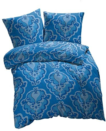 ETÉREA Renforcé Bettwäsche 135x200cm + 80x80cm - 100% Baumwolle - Bettbezug Trisa Ornamente natürlich weich Bettwäsche Set mit Kissen 135x200cm Bettbezug + 80x80cm Kissenbezug Blau 2teilig - OEKOTEX
