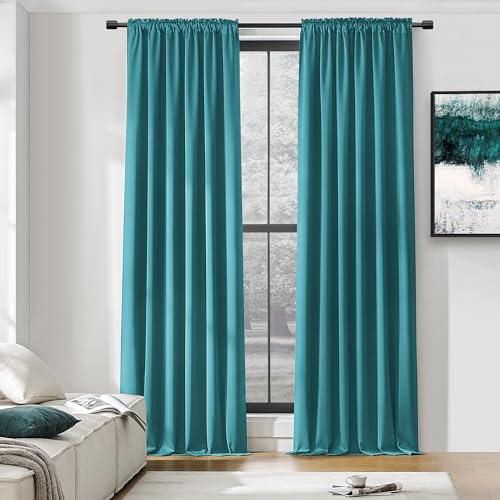 DONREN Thermal Room Darkening Draperies Window Curtain Panels - Easy Care Solid Rod Pocket Curtains for Dining Room (52 W x 96 L,2 Panels,Teal)
