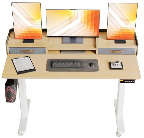 Claiks Schreibtisch Höhenverstellbar Elektrisch, Höhenverstellbarer Schreibtisch 120x60 cm mit Schubladen und Monitorständer, Standing Height Adjustable Desk, Beige