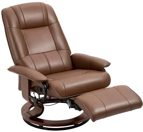 HOMCOM 360° Swivel Recliner Chair with Footstool, Manual Recliner Armchair with Wooden Base, Faux Leather Upholstered Reclining Chair for Living Room, Bedroom, Office, Brown