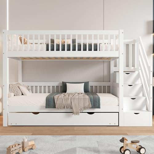 Rtopsu Letto per Bambini a Castello 90x200 cm con LettoEstraibile e Contenitore, Letto a Soppalco con Scala per 2-3 Ragazzi, Rete a Doghe in Legno, Bianco, Senza Materasso
