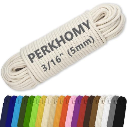 PerkHomy 100 ft 3/16 (5mm) Cotton Rope Multi Purpose Utility Diamond Braided Cord, Natural Cotton for Clothes Line Camping Crafting Flag Pole, Natural White