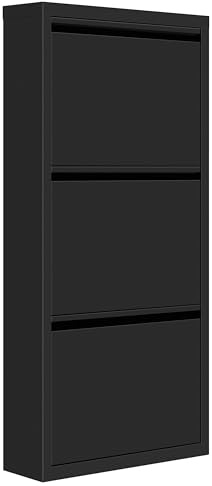 WOLTU Schuhschrank, mit 3 Klappen, Schuhregal, Schuhkipper, für 9 Paar Schuhe, aus Metall, für Flur Wohnzimmer, 50x106x15 cm, Schwarz