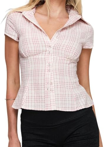 ensswliz Women Y2k Short Sleeve Plaid Shirts Button-up Collared Slim Fit Crop Tops Summer Casual Going Out Blouse Tops (A-Pink, S)