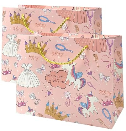 FOSDICK 2 PCS Sacchetti Regalo Medie, 25x20x12cm Sacchetti di Carta con Manici, Sacchetto Regalo Compleanno, Gift Bag per Donne Ragazze Damigella Donore Compleanno Matrimonio