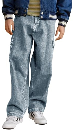 Haloumoning pojkar, cargobyxor, barn, säckiga jeans, lediga fritidsbyxor, höstmode, denimbyxor med elastiskt midjeband 5–14 år, Ljusblå, 7-8 år