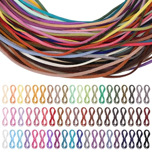 60 färger 60 m läderband, 1 m x 2 mm läderband kedjor vintage lädersnöre slitstark platt läderrem läderrem för armband, halsband, handgjorda hantverk, gör-det-själv smycken, hängen