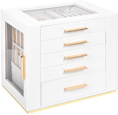 Yieseang Large Jewellery Box for Women,Jewellery Gift Box with 5 Drawers,Glass Lid,PU Leather,Jewellery Organiser for Chirstmas,Birthday, Valentine's Day,White (Pearl white)