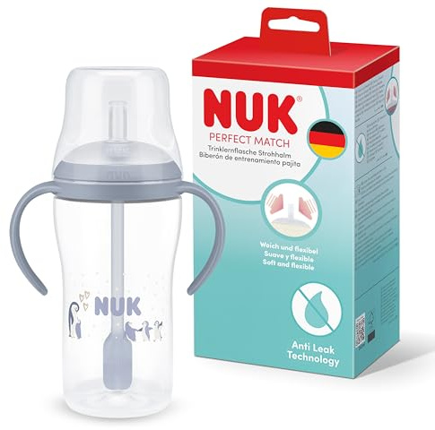 NUK Perfect Match Vaso Aprendizaje bebe con pajita | 8+ meses | 260 ml | Vaso antiderrame bebe con pajita | Asas antideslizantes | Azul | 1 unidad