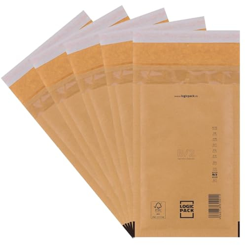 LOGIC PACK 50 Buste Imbottite Marroni per Spedizioni, Buste in Carta Kraft Avana con Pluriball Rinforzato, Carta FSC Autosigillante, Ideali per Vinted, E-commerce, Libri, Formati da B2 140 x 225 mm