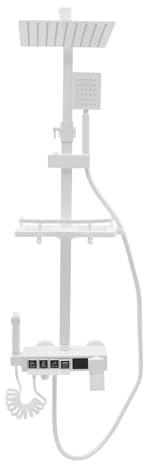 Juego de ducha LED blanco Piano Keys, juego de ducha con 4 salidas, sistema de ducha de acero inoxidable con estante de ducha, diseño ajustable, cesta de almacenamiento y plataforma, manguera larga