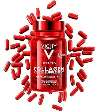 Vichy Liftactiv Suplemento de Colágeno para suavizar la apariencia de las arrugas, tonificar el cuerpo y reafirmar las uñas, para hombres y mujeres, 60 cápsulas.