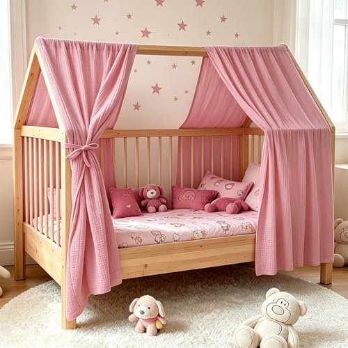 Baldachin 100% Coton pour Chambre d’Enfant Ciel de Lit pour Lit Cabane & Lit Enfant Rideaux comme Décoration pour Fille et Garçon Gain de Place pour Petites Pièces (Rose, H270 x B67 cm(2er Pack))