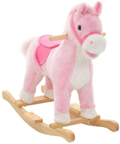 GeenYuu Cheval à bascule en peluche avec cadre en métal et base en bois, 65 x 32 x 58 cm, rose, pour enfants à partir de 24 mois, avec rembourrage, poignée, dossier et protection anti-basculement pour