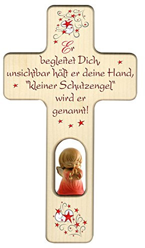 MaMeMi ENGELKREUZ mit SCHUTZENGEL und SPRUCH für Mädchen aus HOLZ in ROT 20 x 11 cm zur Taufe oder Geburt