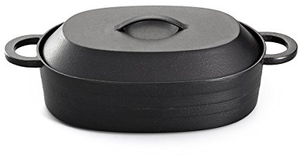 Gusseisen-Bräter mit Deckel, oval, 34 cm, 1,7 Liter. Kleiner Koch-, Schmor- und Braten-Topf von Iwachu für Induktion, Ceran-, Gas- und Elektro-Herd, Back-Ofen, Grill und Feuerstelle.