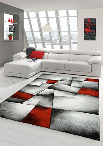 Teppich-Traum Designer Teppich Moderner Teppich Wohnzimmer Teppich Kurzflor Teppich mit Konturenschnitt Karo Muster Rot Grau Weiß Schwarz Größe 80x150 cm