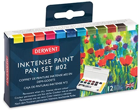 Derwent Inktense 12 Farbtöpfchen #2, 12er Set, halbe Töpfchengröße, wasserlöslich, ideal zum Malen und Basteln auf Papier und Stoff, professionelle Qualität, Reisegröße (2305789)