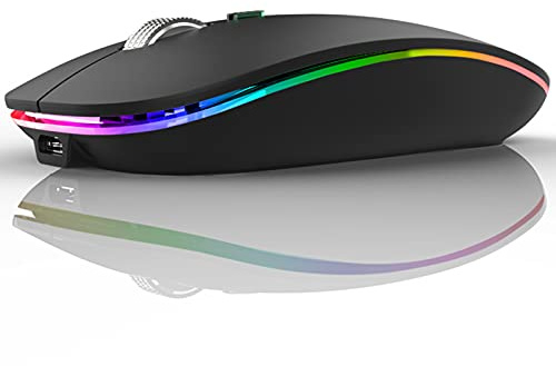 TENMOS Wireless Bluetooth Mouse, LED Slim (Bluetooth 5.1/5.0 + USB) 2.4GHz Rechargeable Silent Bluetooth Wireless Mouse with Type C Adapter for Laptop/MacBook/iPad OS 13 and Above (Matte Black)