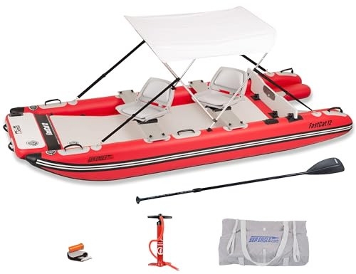 Sea Eagle FastCat Catamaran 2 Person Inflatable Boat-Rigid, High-Pressure, All-Drop Stitch, Easy Setup, Self-Bailing (FastCat12 Swivel Seat Canopy Package)