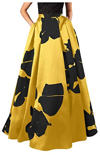 IQYU Maxirock - Gonna lunga da donna, estiva: boho, con motivo floreale, stile bohémien, gonna a maxi vintage, lunga linea ad A, gonna da spiaggia, gonna in chiffon, gonna estiva, Z2 giallo, M