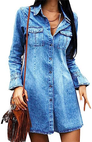 Sommerkleid Damen,Damen-Jeanskleid Modisch Blaues Minikleid Lange Ärmel Revers Freizeitkleid Sommer Schmales Hemdkleid Mit Knopfleiste Klappentasche Vintage-Waschung Verblasstes Jeanskleid Mantel Xl