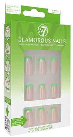 W7 Glamorous Nails - Salon Professional False Nails At Home - Glue Adhesive Included - Square Oval Shape - (Mojito Mist)