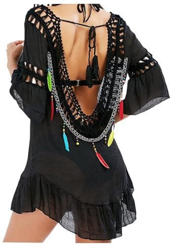 Jinsha Dam baddräkt med virkad strandkjol, bikinitopp stickad poncho sommar kamouflage bikini, 1813 Svart, M