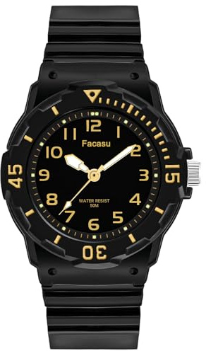 Facasu Orologio Analogico Bambini Ragazzi Ragazze,Impermeabile Fino a 50M,Cinturino Morbido Orologio Facile Leggere Imparare l'ora Bambini dai 4 ai 12 anni (Nero Oro)