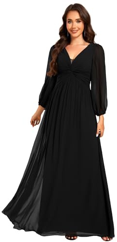 Ever-Pretty Abiti da Sera Eleganti a Maniche Lunghe da Donna Vestito da Cerimonia Extra Lunghi con Scollo a V e Vita Alta in Chiffon Nero 56