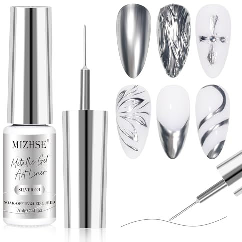 MIZHSE Silver Gel Nail Polish, Metallic Liner Gel Nail Polish Painting UV/LED For French Manicure Liner Nail Art Design Drawing for Home DIY Salon