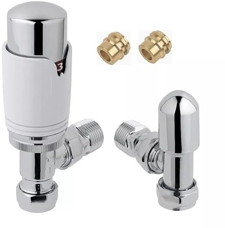 Team Controls Thermostatic Radiator Valve 8mm x 1/2'' Angled TRV Lockshield Pack Chrome/White - inc 2no. 8mm Inset reducers