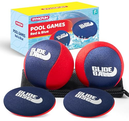 SYNCFUN 4 Pcs Skip Water Balls,Splash Water Bouncing Balls with Mesh Bag, Beach Toys for Kids, Pool Toys for Friends and Family, Fly Swimming Game Adults, Boys, Teens, Great for All Ages (Red & Blue)