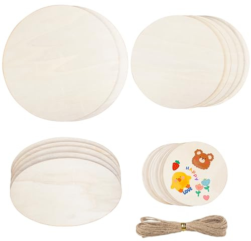 Foshird Unvollendete Holzplatte zum Basteln mit 5m Juteschnur 22 Stück Rund Holzscheiben Holzschild zum Aufhängen Holzbrett Deko für Brandmalerei DIY Handwerk Gemälde Laser