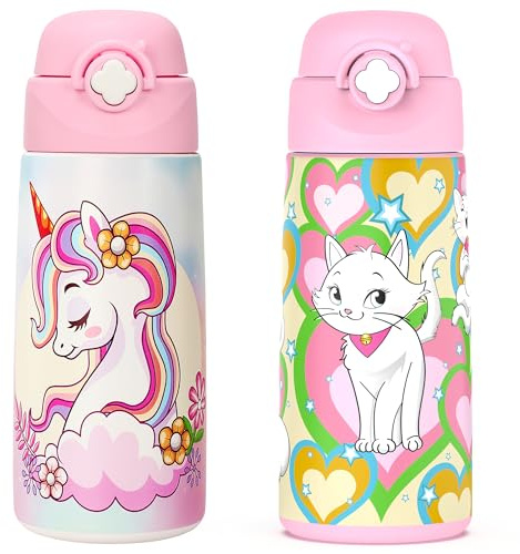 Barnvattenflaska med täckt popup-sugrör, 473 ml (16 oz) barnkoppar i rostfritt stål läckagesäker för skolan (enhörning+katt)