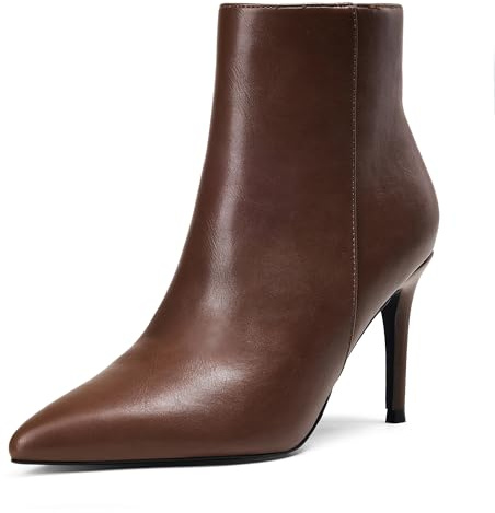 Elisabet Tang stylish fall winter heeled ankle boots for women 3.14 inch - Cute closed toe pointy stiletto booties for work party travel brown 8.5