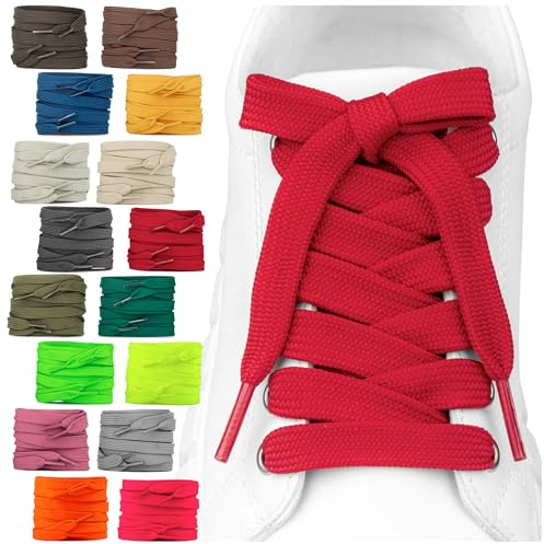 SULPO 2 pares de cordones planos – 12 mm de ancho para zapatos – 60 – 200 cm – Lavable y resistente al desgarro de poliéster – 18 colores, rojo, 75cm - 2 Paare