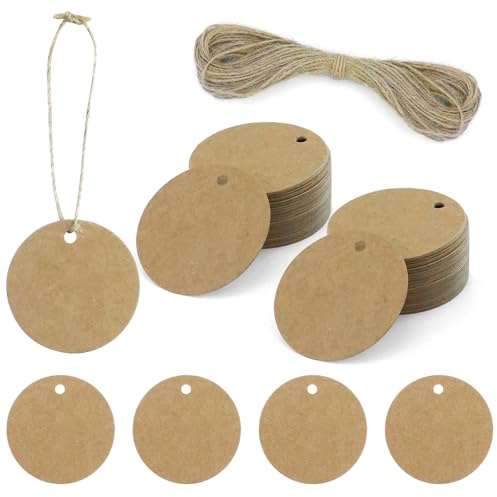 300 st presentetiketter av kraftpapper, 5 cm runda, skrivbara presentetiketter med 20 m snöre, hängande etiketter för presentförpackning, bröllop, handgjorda (brun)