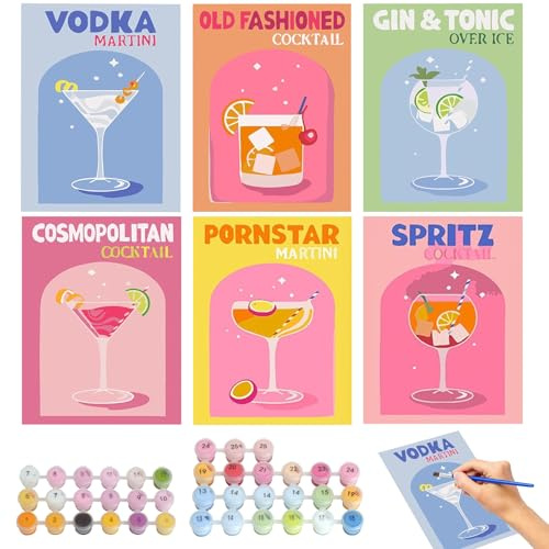 TayBong Set med 6 måla-efter-nummer-kit för vuxna, cocktails, akrylmålning på duk med pensel och färger, konstset lämpat för nybörjare för väggdekoration i hemmet, 20 x