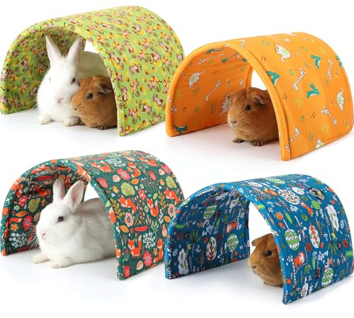 BreezeHug 4 Pcs Guinea Pig Tunnel Foldable Rabbit Hideout Washable and Soft Bunny Hide House Ferret Tunnel Toys Cage Accessories for Small Animal Hamster Hedgehogs Chinchilla(Forest Animals)