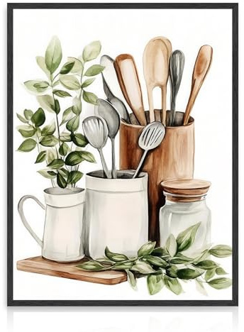 Dazzlewall Lienzo Botánico Cocina Aquarelle, Póster de Hojas Eucalipto Verde Sauge y Utensilios para Cocina Comedor 30×40 cm Sin Marco