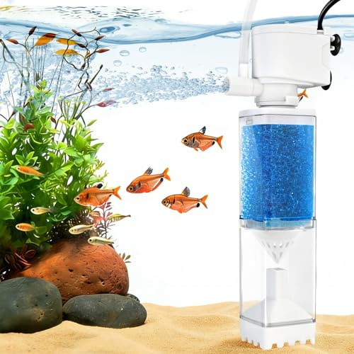 EXLECO Pompes et Filtres pour Aquarium 20-80L, 5 en 1 Réglable Pompe Aquarium Filtre et Oxygène, Pompage & Wavemaker, Moteur Aquariums Silencieux 350L/H 4W, Éponge Filtrante Réutilisable d'eau Douce