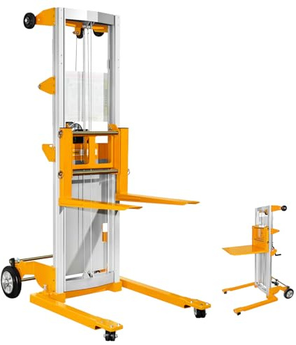 Material Lift Manual Winch Stacker Manual Forklift 122 Inch Lift Height 400lbs Load Capacity Pallet Stacker with Adjustable Width Lightweight Aluminum Alloy Material for Warehouses Factories